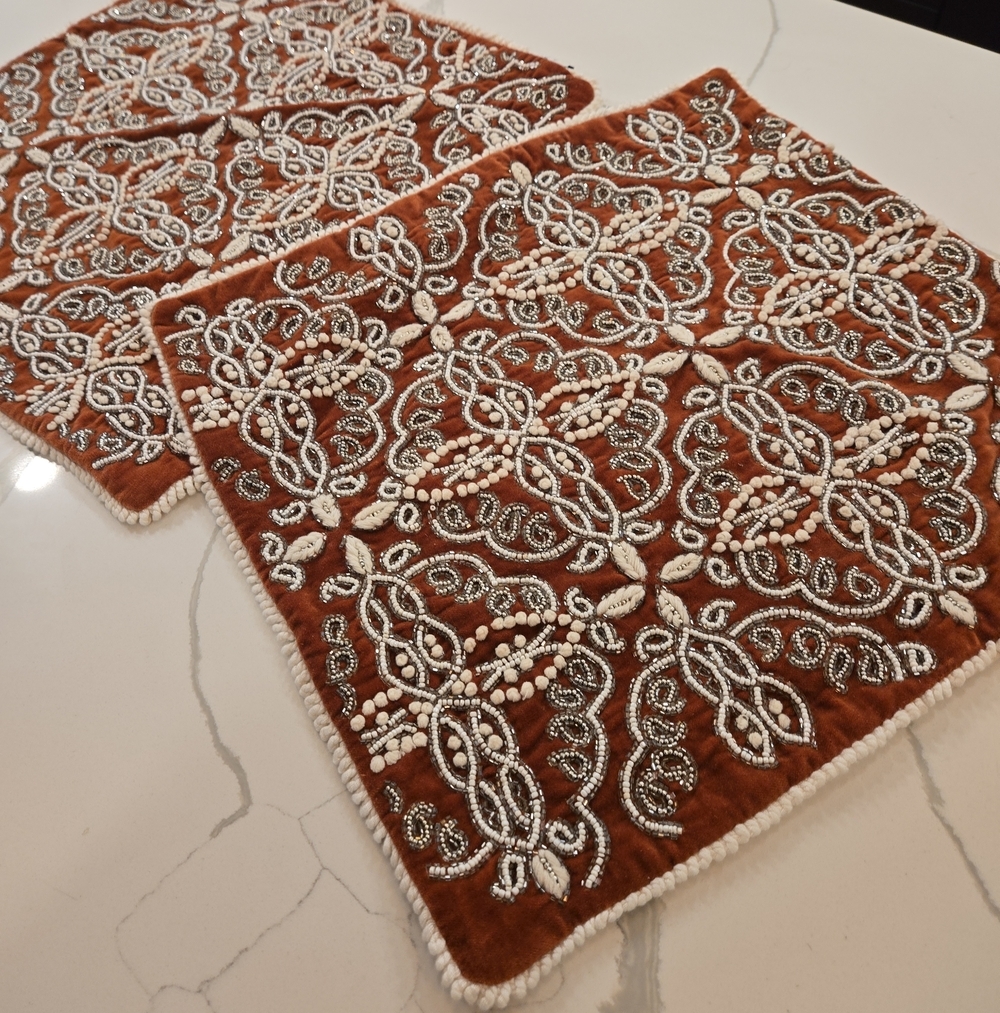 Set Of 2 Artistic Accents Velvet Cotton Embroidered Beaded Throw Pillow Covers